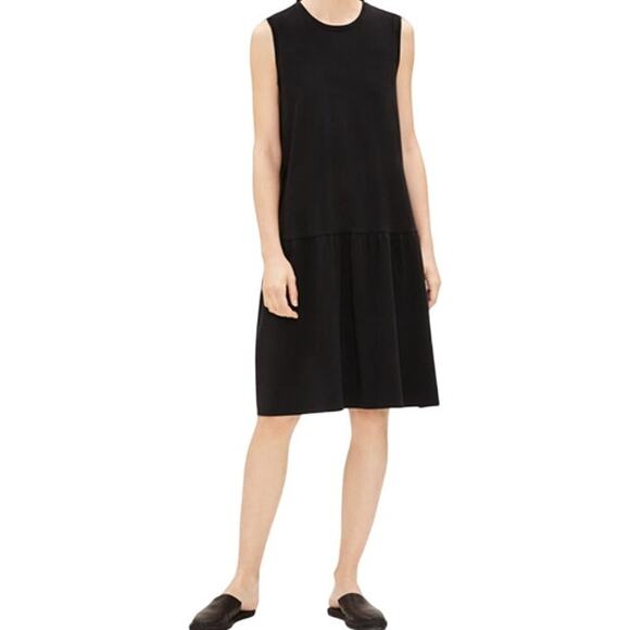 Eileen Fisher Tencel Jersey Drop-Waist Dress Mini Mock Neck Soft Flare Black XS - Picture 1 of 6